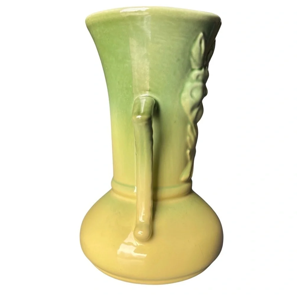 60's Cameron Clay 8 inch Dogwood Vase Green to Yellow Ombre Embossed Motif